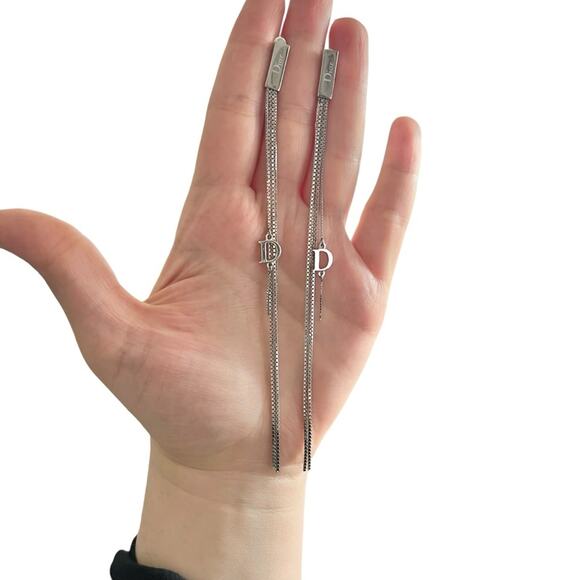 AUTH VTG Christian Dior Silver Long Chain D Charm Logo Fringe Tassel Earrings - Picture 14 of 15